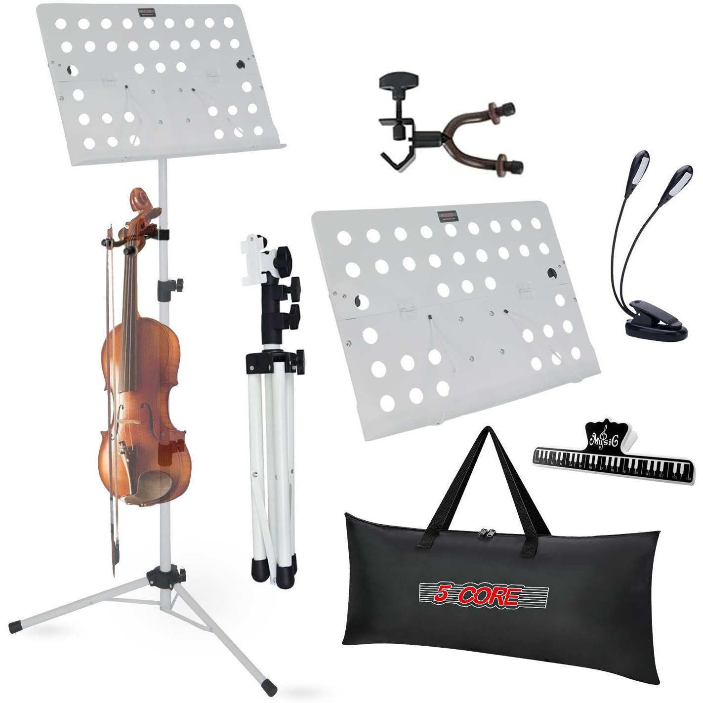 5 Core Music Stand For Sheet Music Height Adjustable Portable Folding Atril Para Partituras w Light Clip for Guitar Players Violinists Cellists Pianists - MUS FLD HD ACC WH