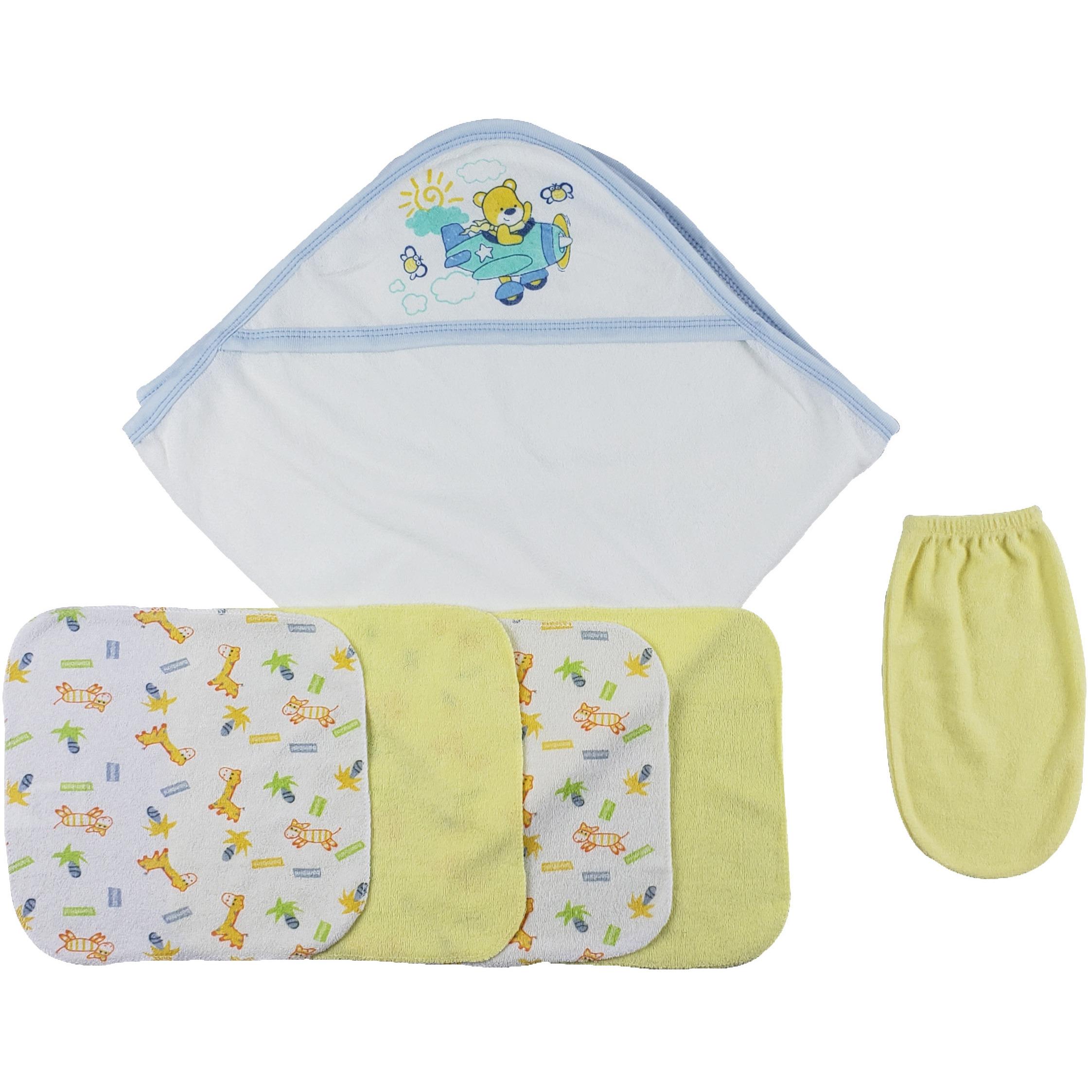 Blue Hooded Towel, Washcloths and Hand Washcloth Mitt - 6 pc Set