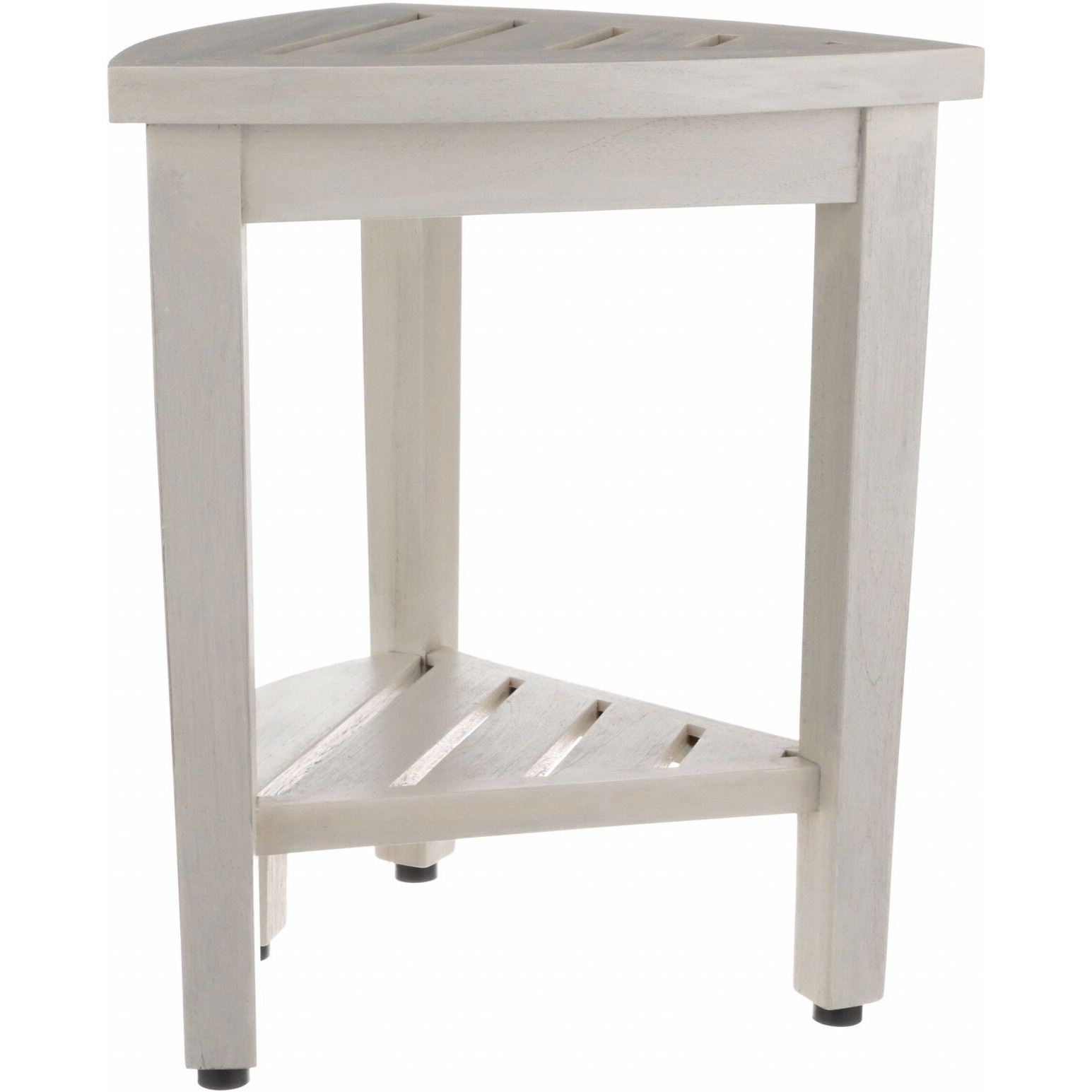 Compact Teak Corner Shower Stool With Shelf In Whitewash Finish