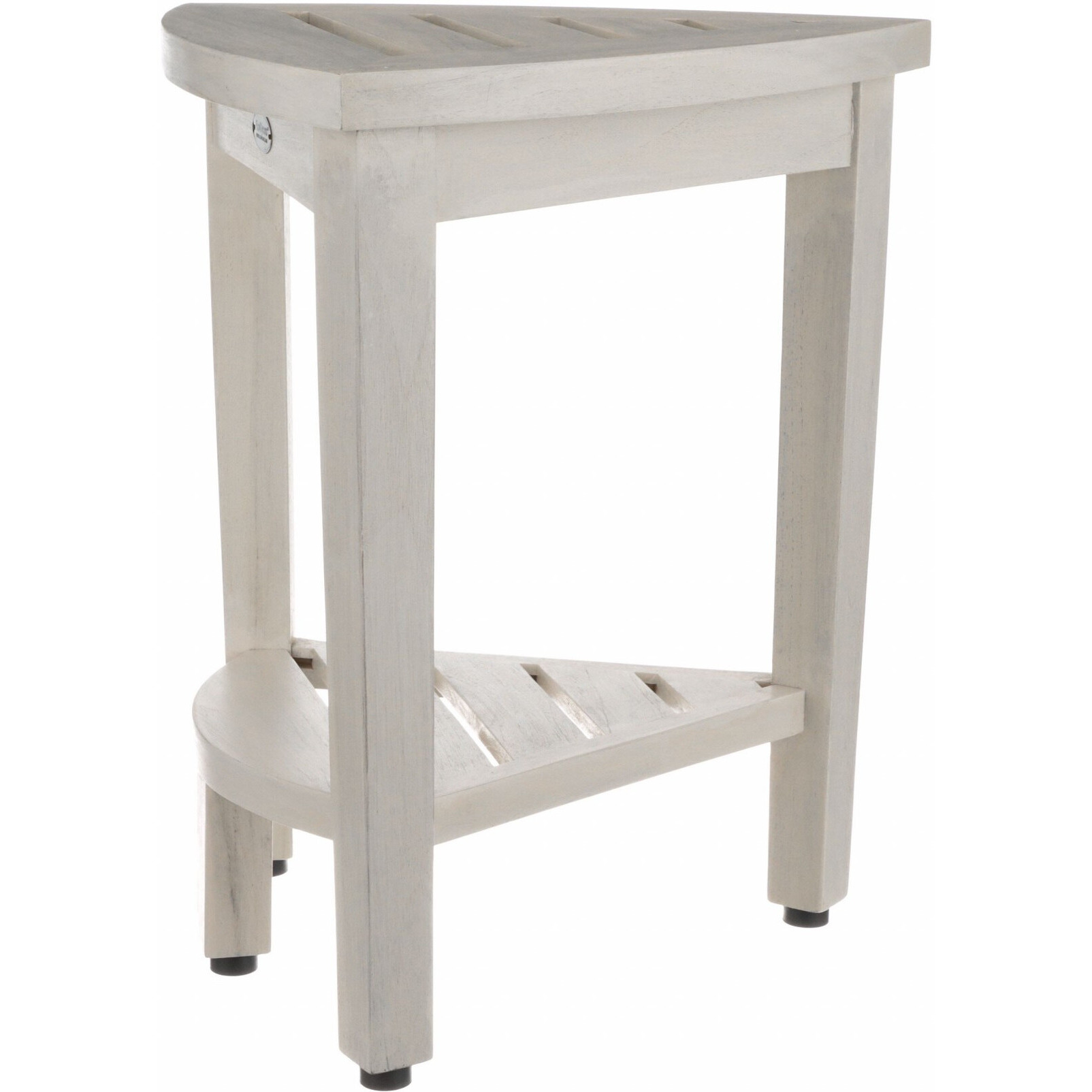 Compact Teak Corner Shower Stool With Shelf In Whitewash Finish