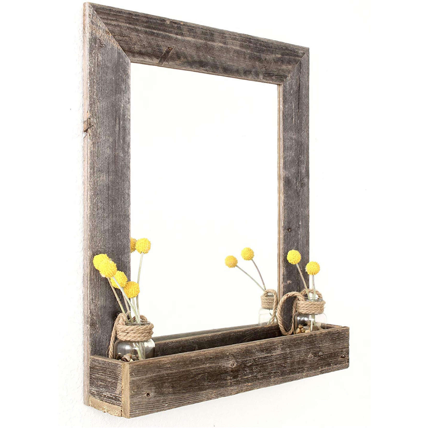 Rustic Weathered Gray Reclaimed Wood Plank Mirror With Shelf