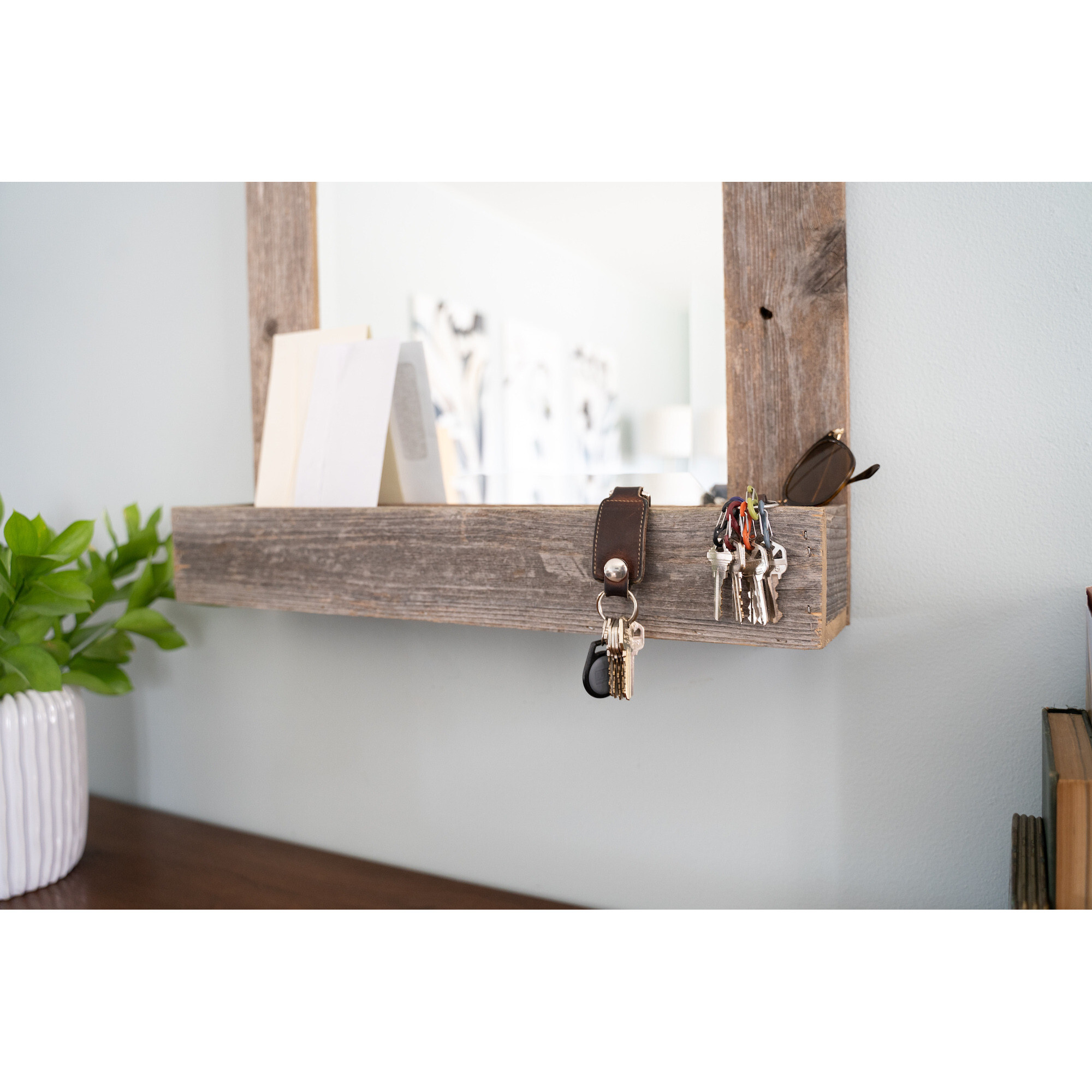 Rustic Weathered Gray Reclaimed Wood Plank Mirror With Shelf