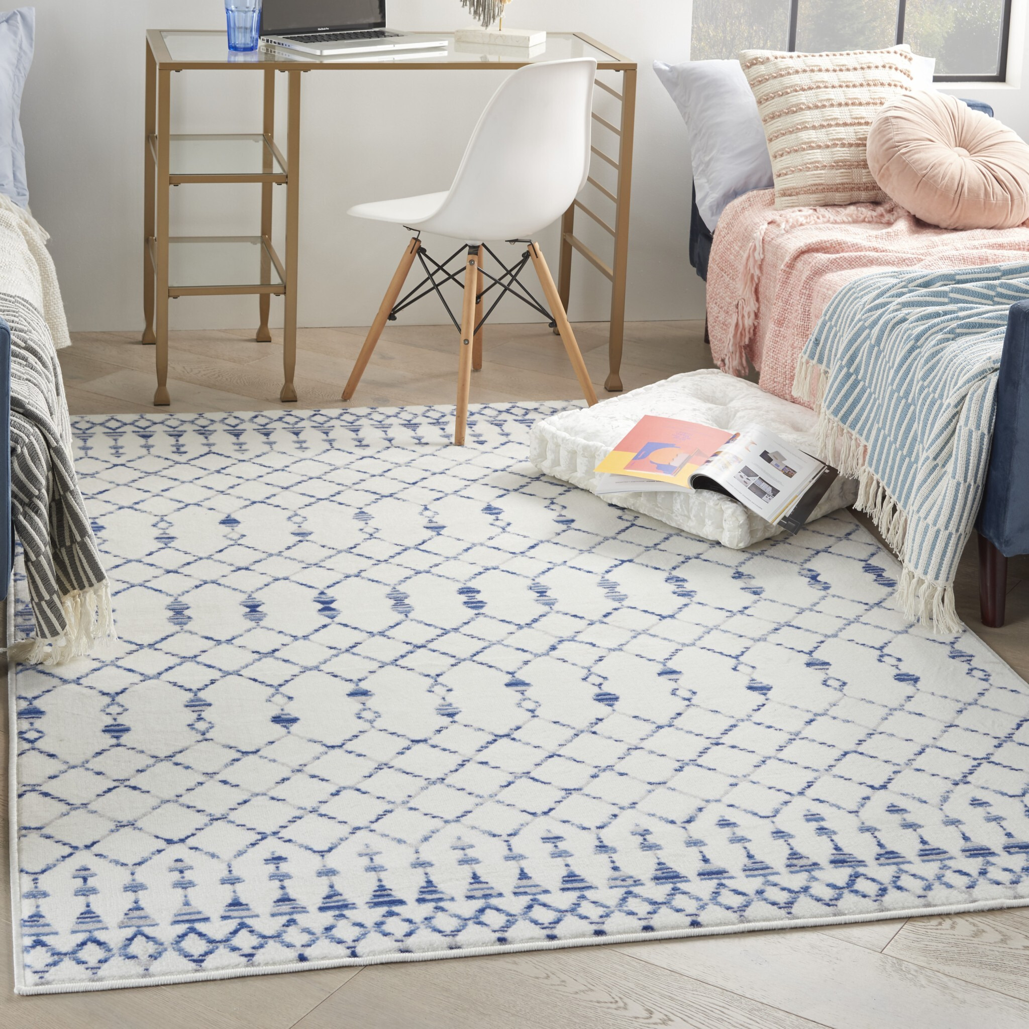 6 X 9 Ivory And Blue Berber Pattern Area Rug