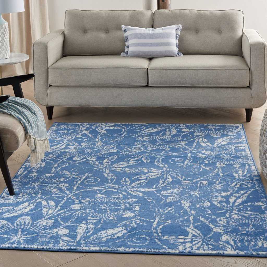 6 X 9 Blue And Ivory Floral Vines Area Rug