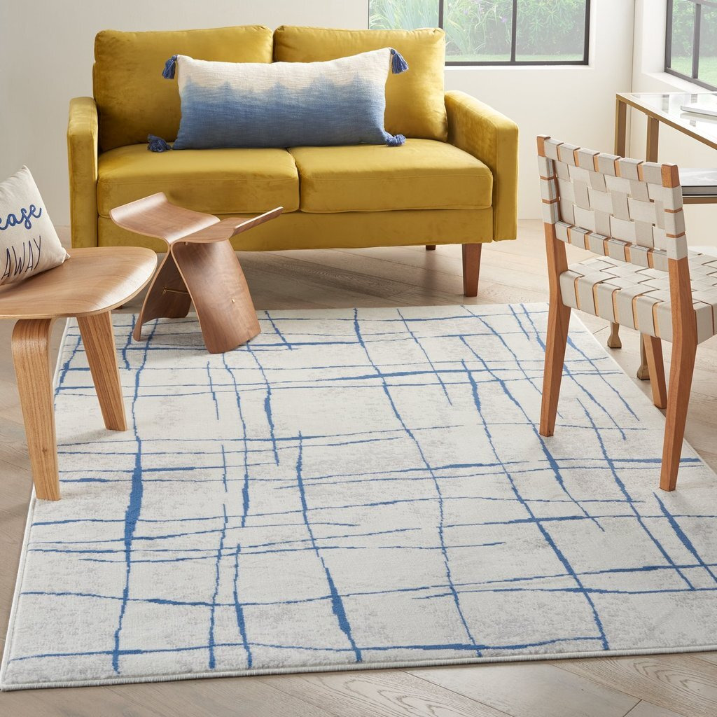 5 X 7 Ivory And Blue Irregular Grids Area Rug