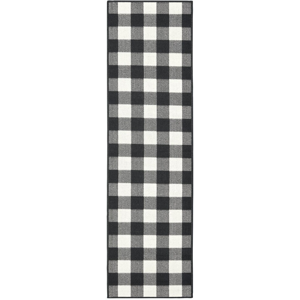 2X8 Black And Ivory Gingham Indoor Outdoor Runner Rug