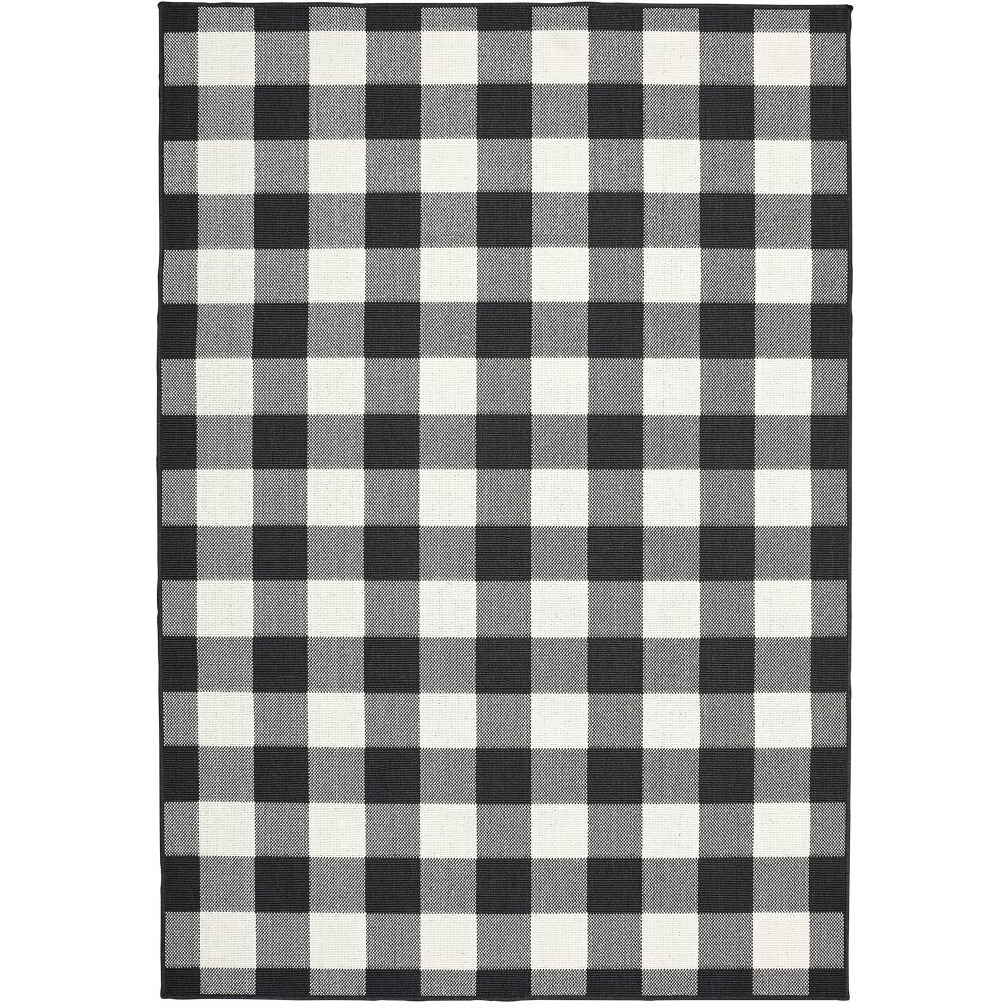 7X10 Black And Ivory Gingham Indoor Outdoor Area Rug