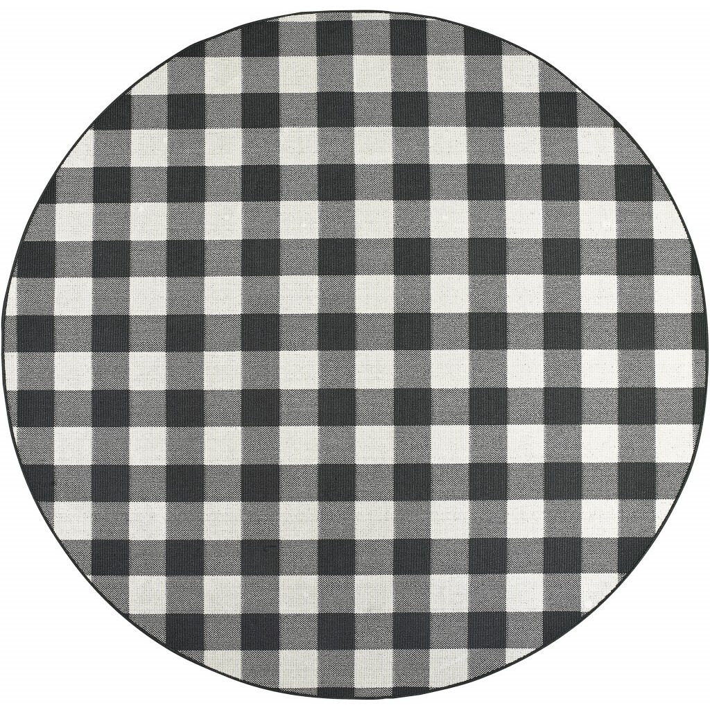 8 Round Black And Ivory Gingham Indoor Outdoor Area Rug