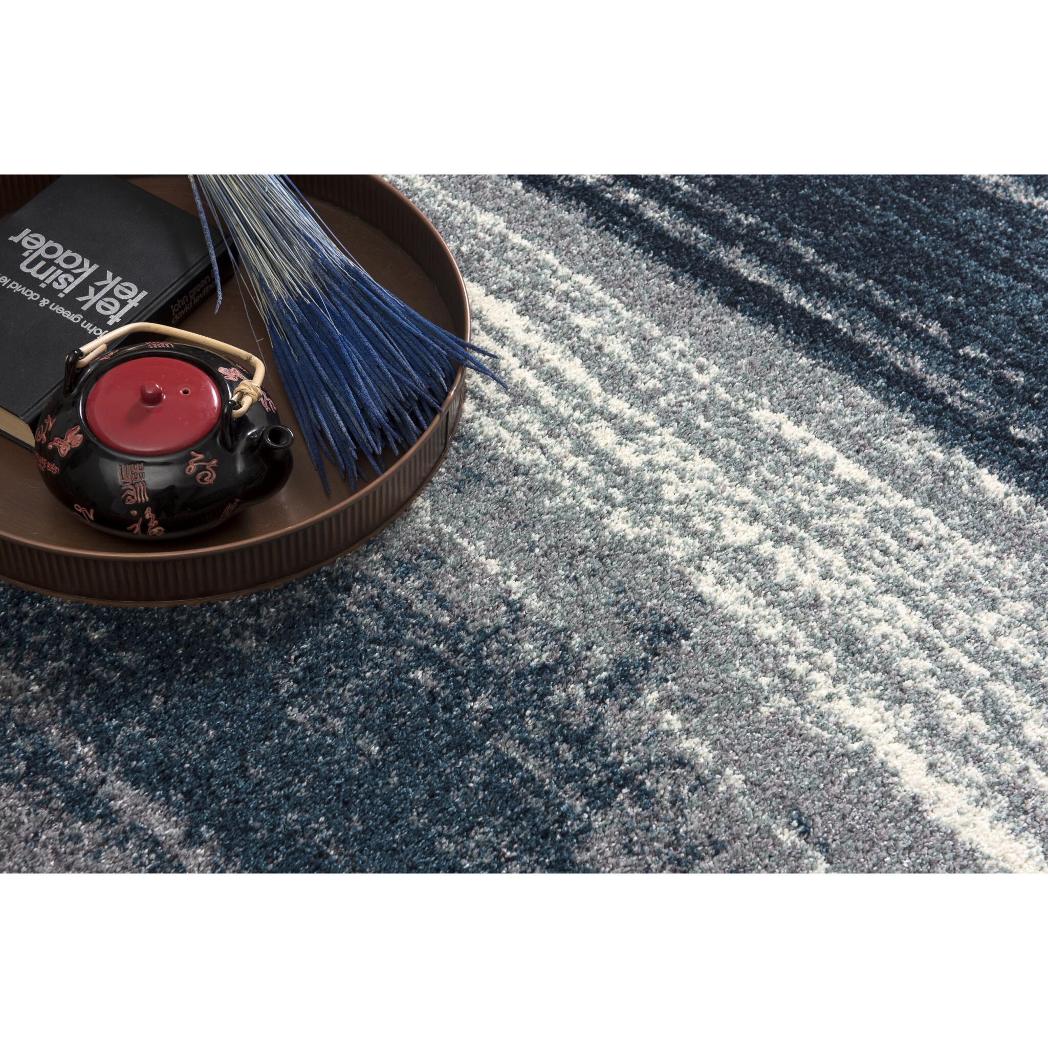 5 X 8 White And Blue Abstract Strokes Area Rug