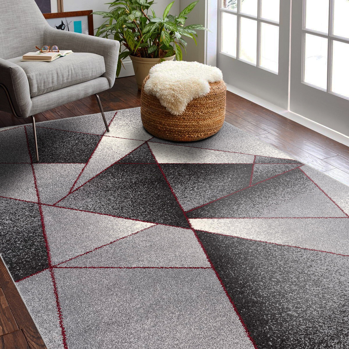 4 X 6 Gray And Red Prism Pattern Area Rug