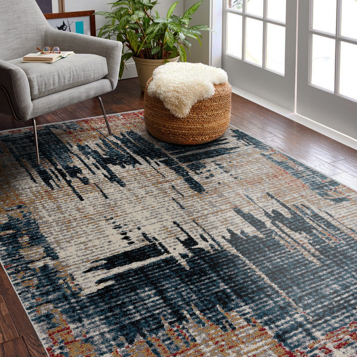 4 X 6 Blue And Red Mod Distressed Area Rug