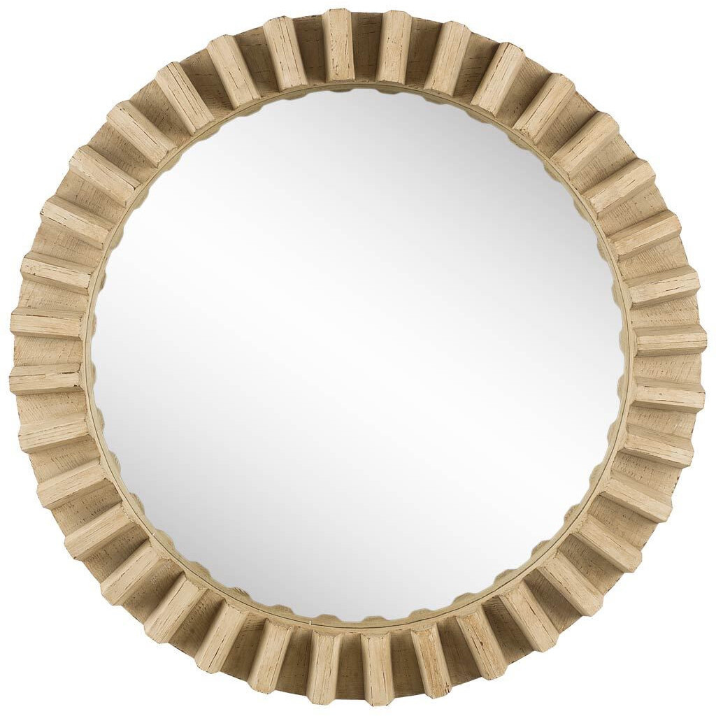 35" Round Natural Brown Wood Frame Wall Mirror