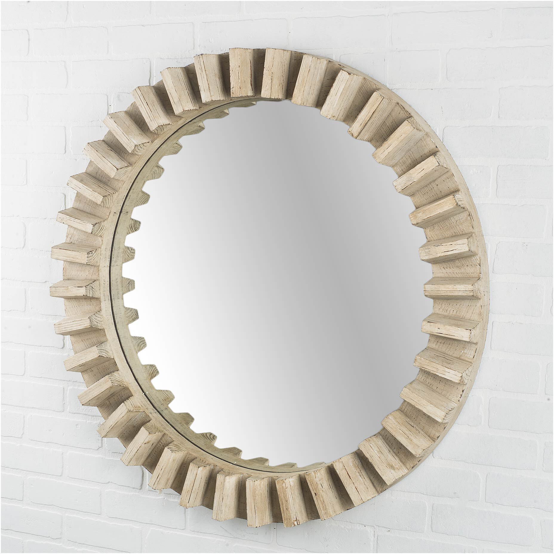 35" Round Natural Brown Wood Frame Wall Mirror