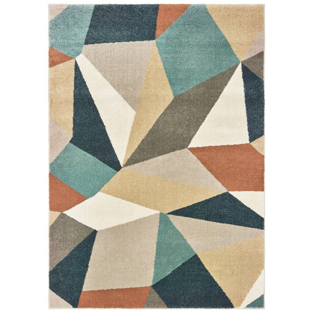 9' X 12' Blue Green Beige Retro Wedge Indoor Indoor Area Rug