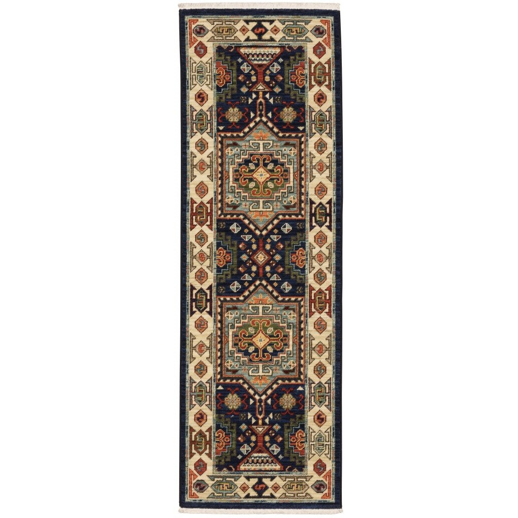 12' Blue Ivory Machine Woven Medallion Indoor Runner Rug