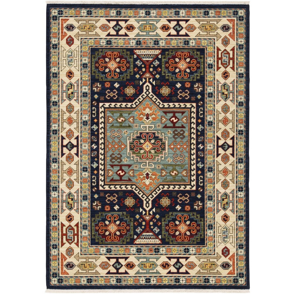 5' X 8' Blue Ivory Machine Woven Medallion Indoor Area Rug