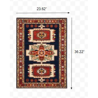 2' X 3' Blue Red Machine Woven Medallions Indoor Area Rug