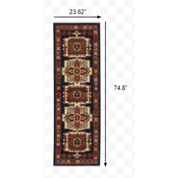 6' Blue Red Machine Woven Medallions Indoor Runner Rug