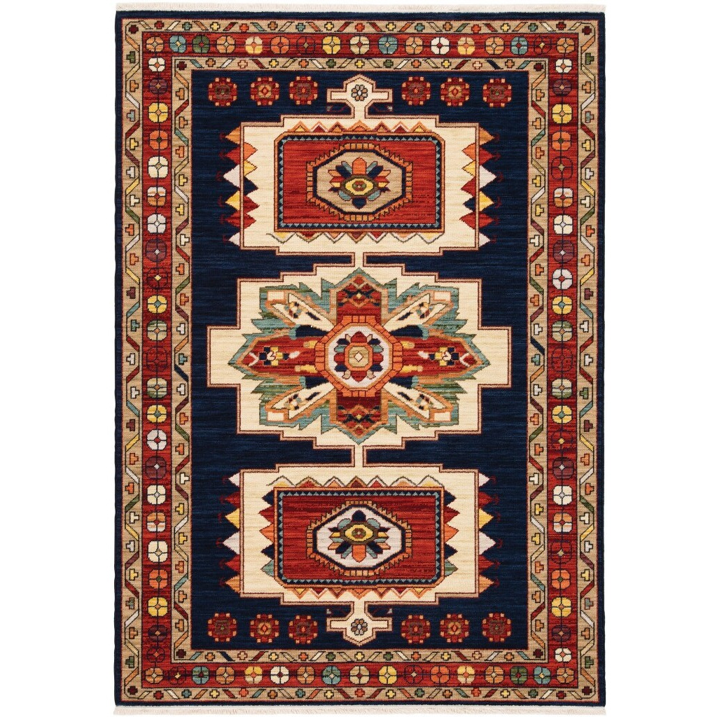 3' X 5' Blue Red Machine Woven Medallions Indoor Area Rug