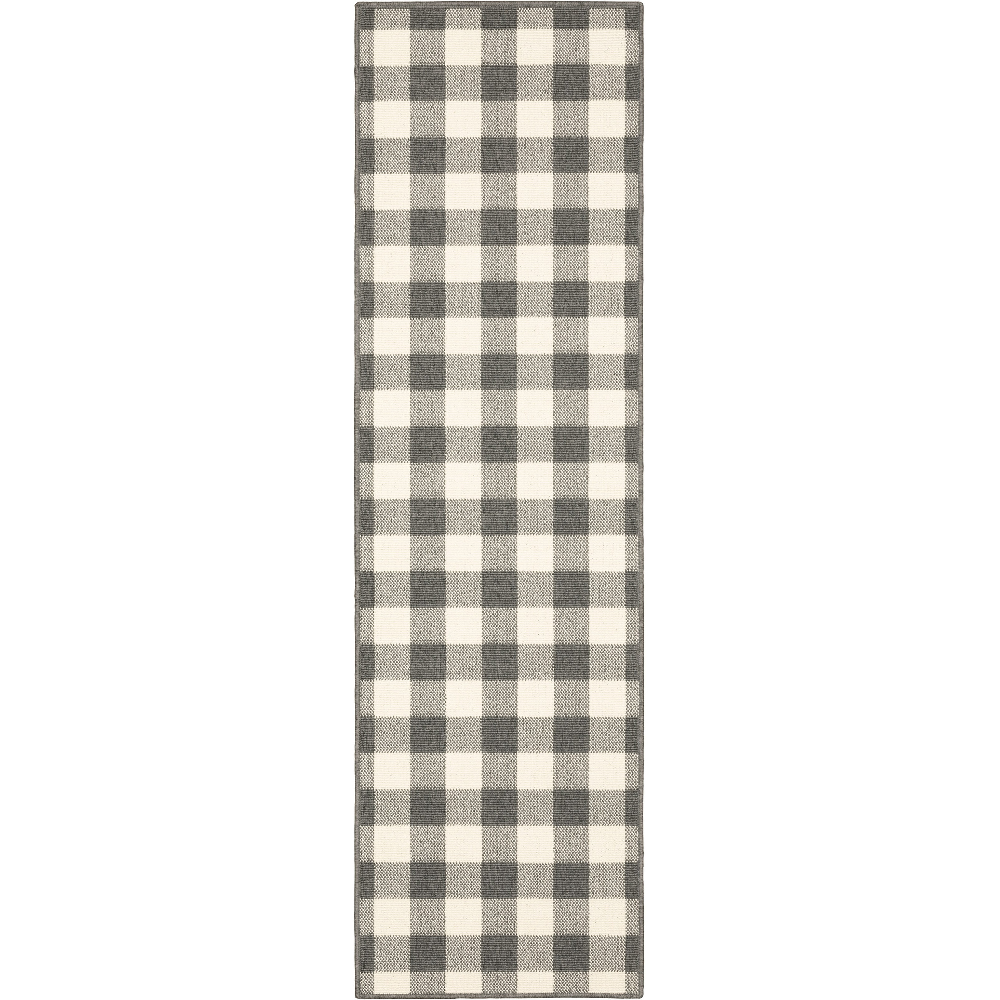 2X8 Gray And Ivory Gingham Indoor Outdoor Runner Rug