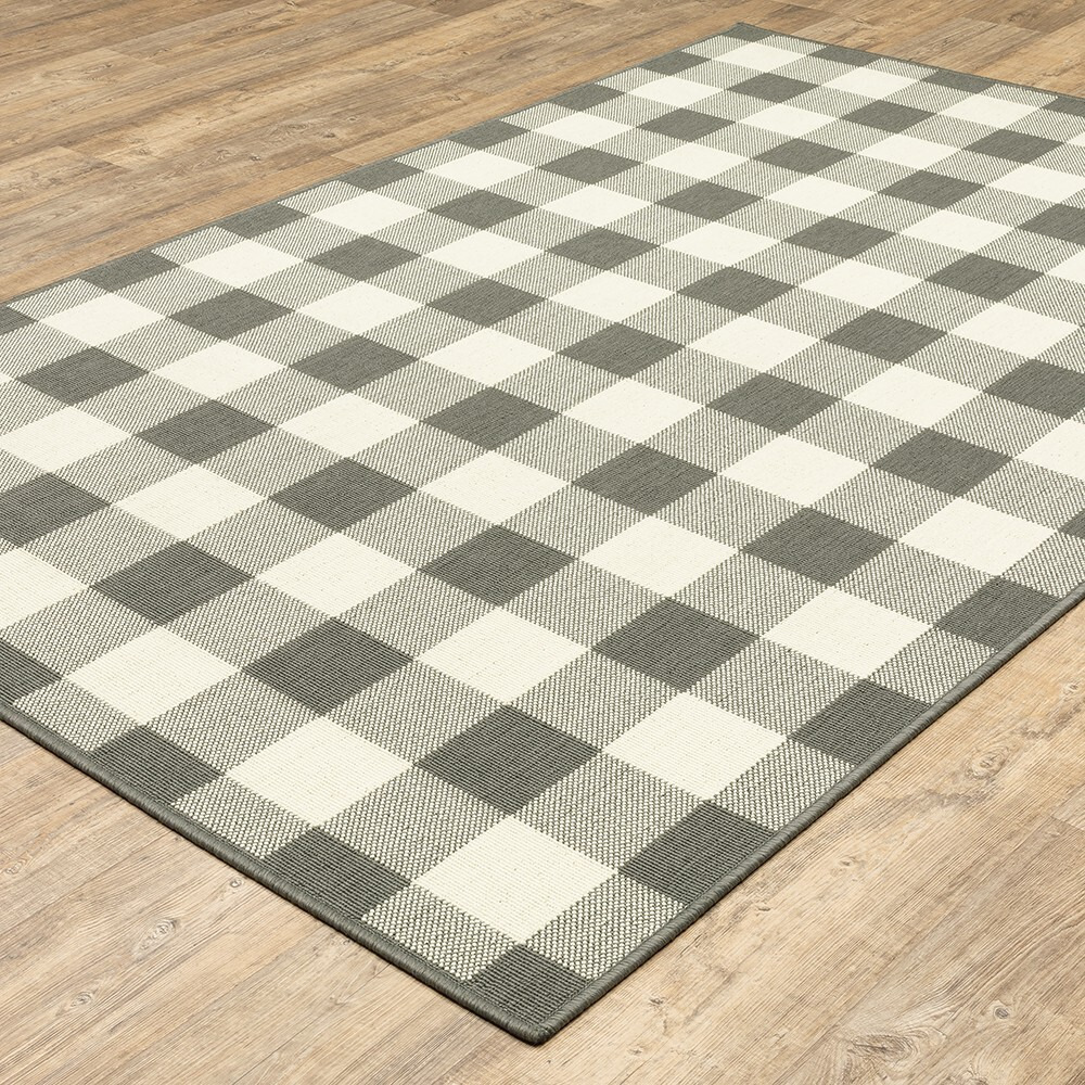 2X8 Gray And Ivory Gingham Indoor Outdoor Runner Rug