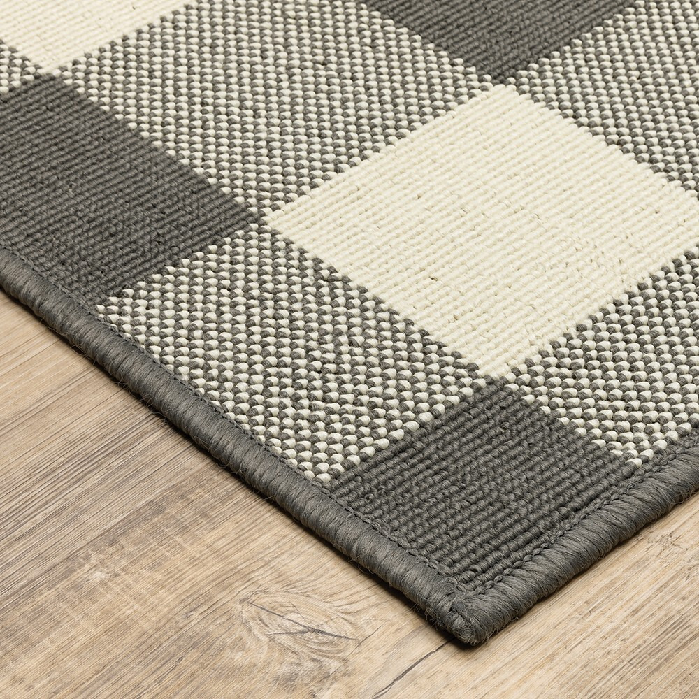 2X8 Gray And Ivory Gingham Indoor Outdoor Runner Rug