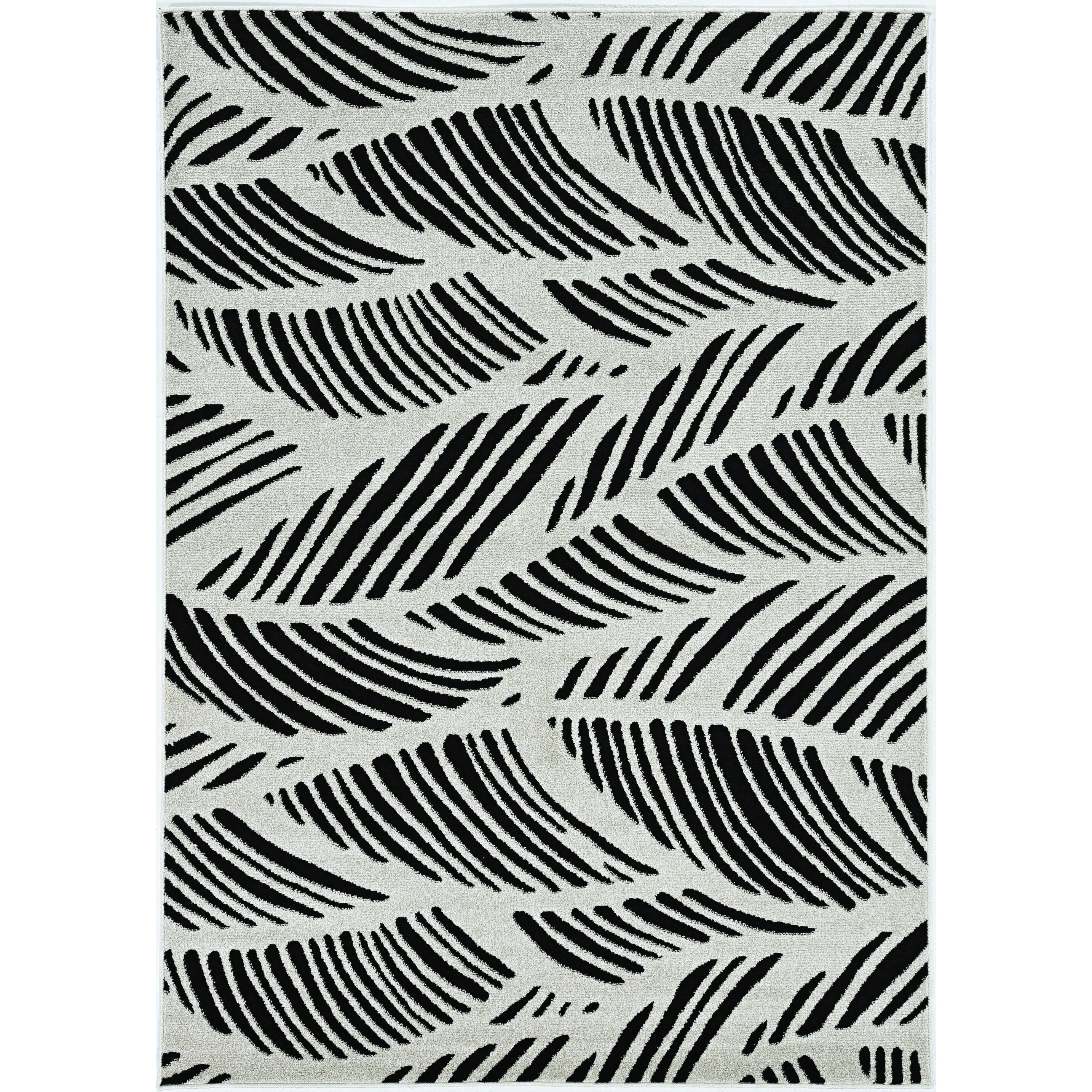 7'X10' Black White Machine Woven Uv Treated Tropical Palm Leaves Indoor Outdoor Area Rug
