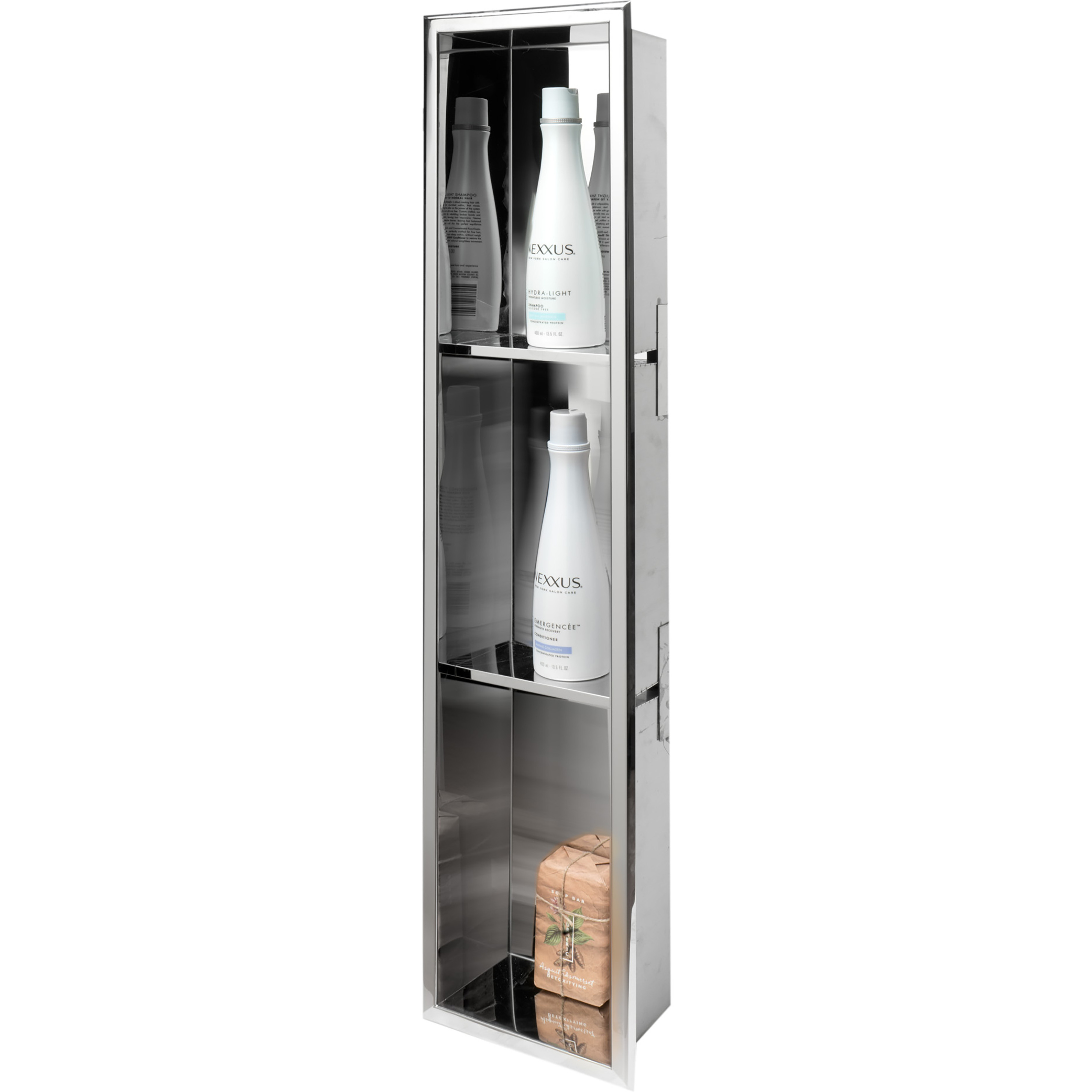 ALFI brand 8 x 36 Polished Stainless Steel Vertical Triple Shelf Bath Shower Niche
