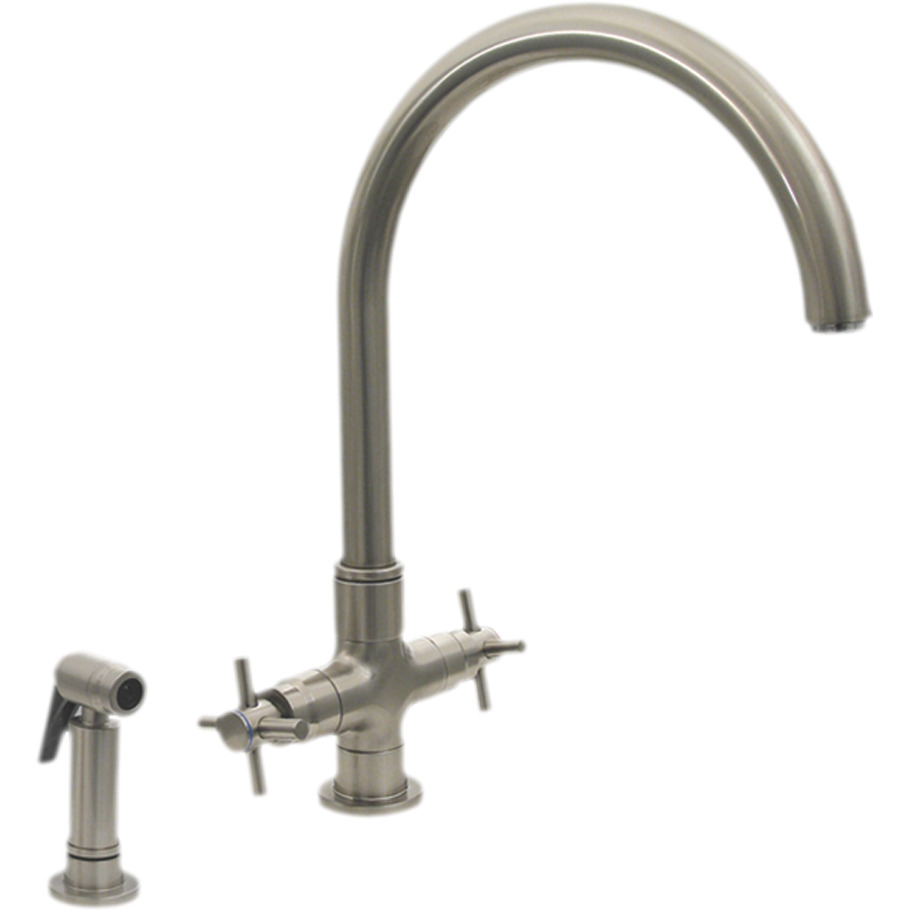 Luxe Dual Handle Faucet with Gooseneck Swivel Spout, Cross Style Handles and Solid Brass Side Spray