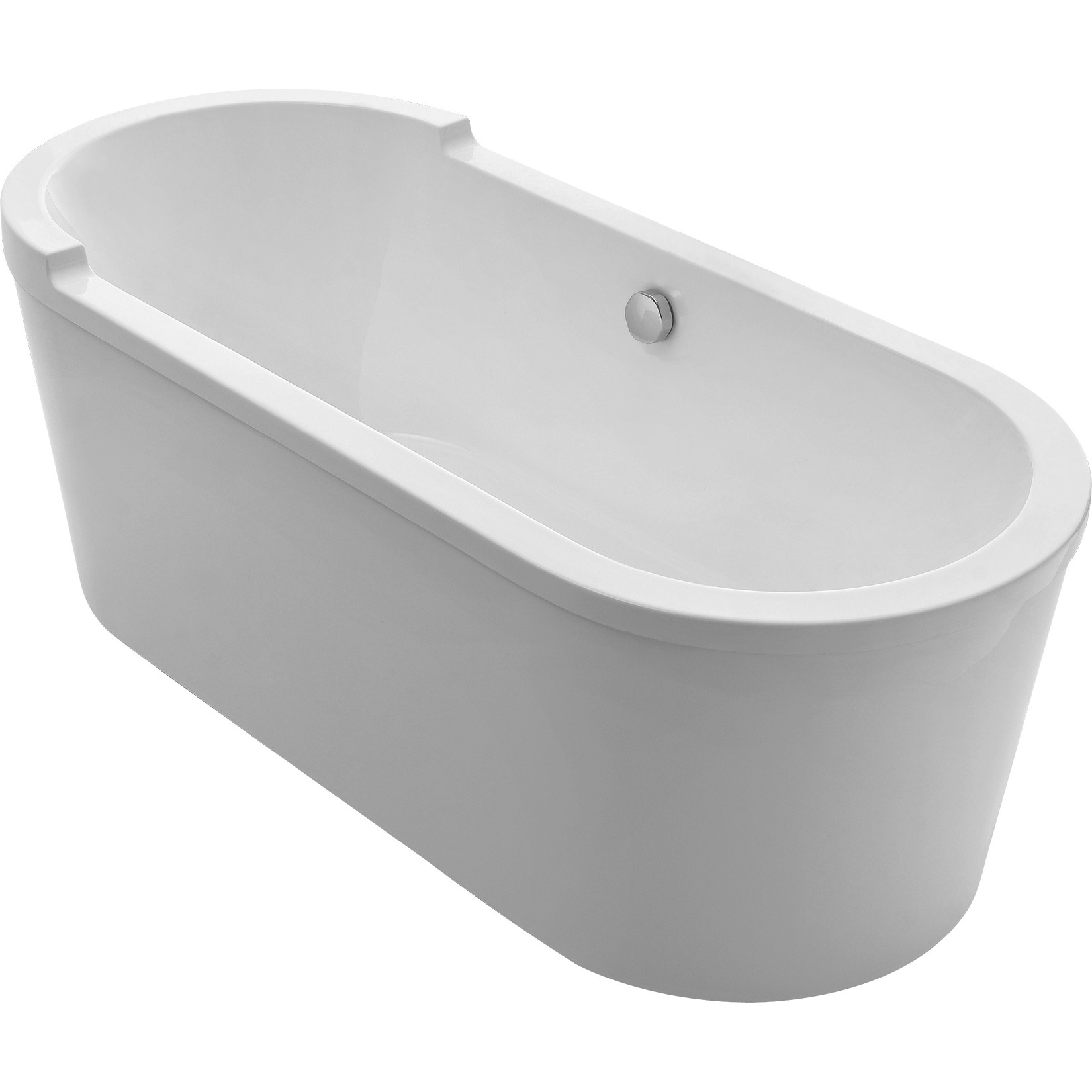 Bathhaus Oval Double Ended Single Sided Armrest Freestanding Lucite Acrylic Bathtub with a Chrome Mechanical Pop-up Waste and a Chrome Center Drain with Internal Overflow