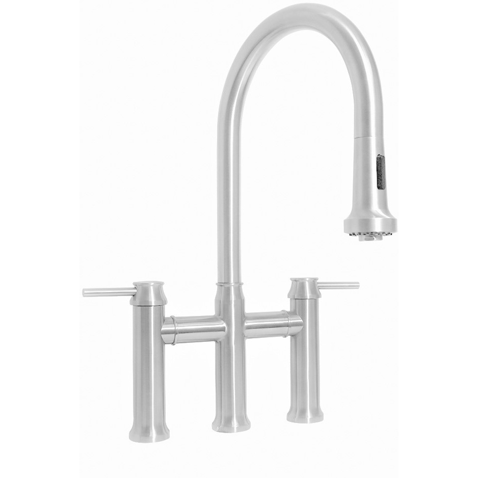 Waterhaus Lead-Free Solid Stainless Steel Bridge Faucet with a Gooseneck Swivel Spout, Pull Down Spray Head and Solid Lever Handles