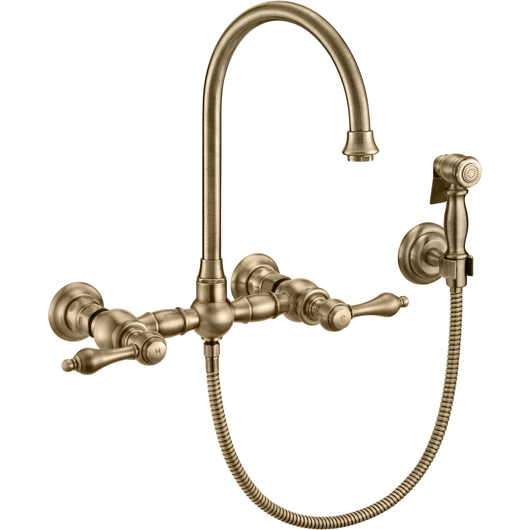Vintage III Plus Wall Mount Faucet with a  Long Gooseneck Swivel Spout, Lever Handles and Solid Brass Side Spray
