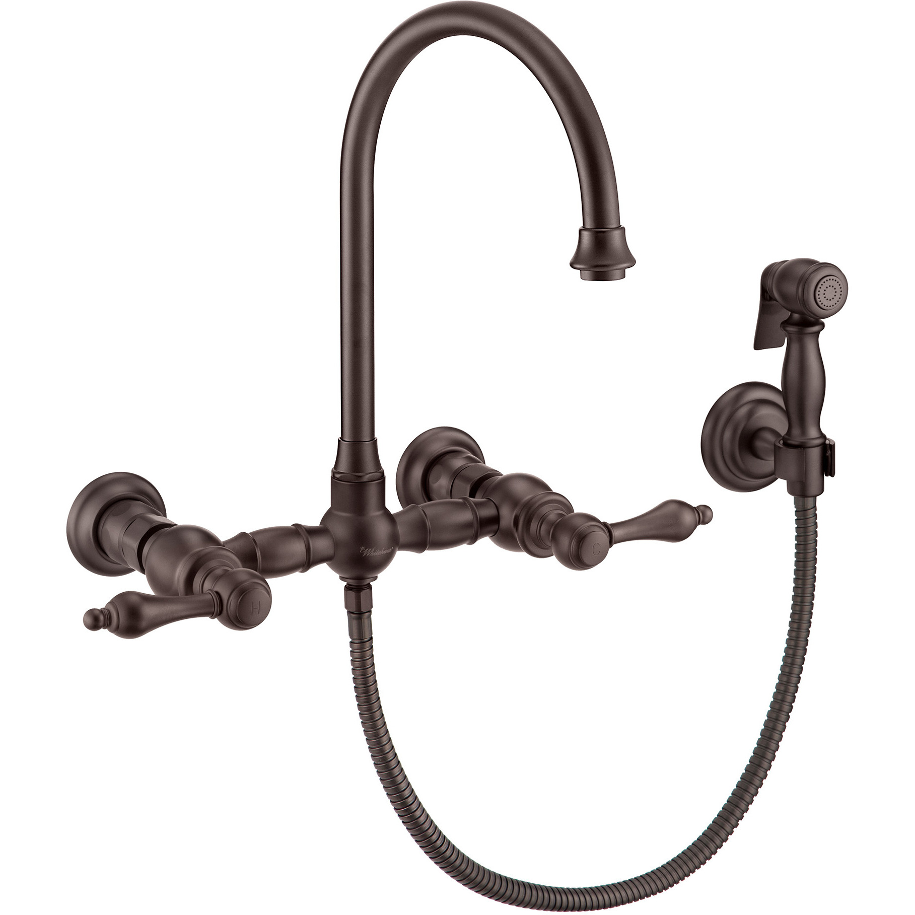 Vintage III Plus Wall Mount Faucet with a  Long Gooseneck Swivel Spout, Lever Handles and Solid Brass Side Spray
