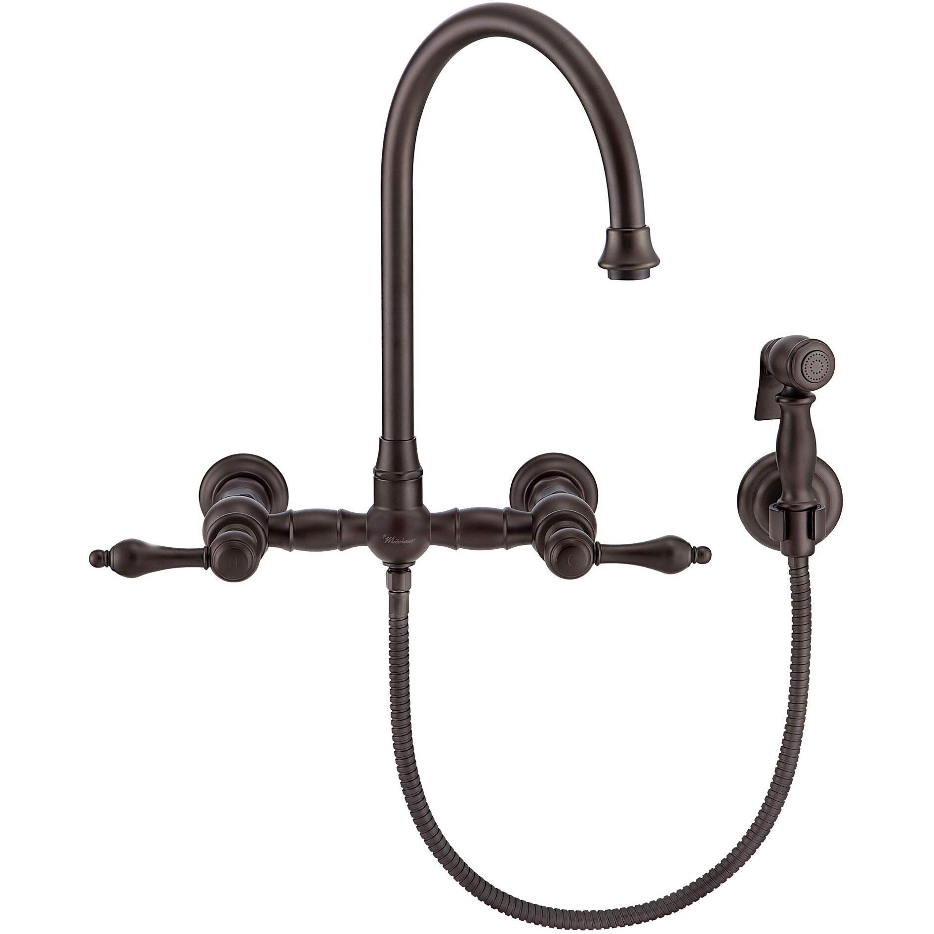 Vintage III Plus Wall Mount Faucet with a  Long Gooseneck Swivel Spout, Lever Handles and Solid Brass Side Spray