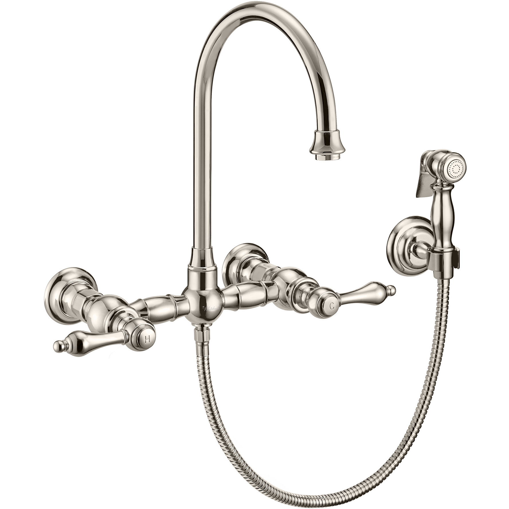Vintage III Plus Wall Mount Faucet with a  Long Gooseneck Swivel Spout, Lever Handles and Solid Brass Side Spray