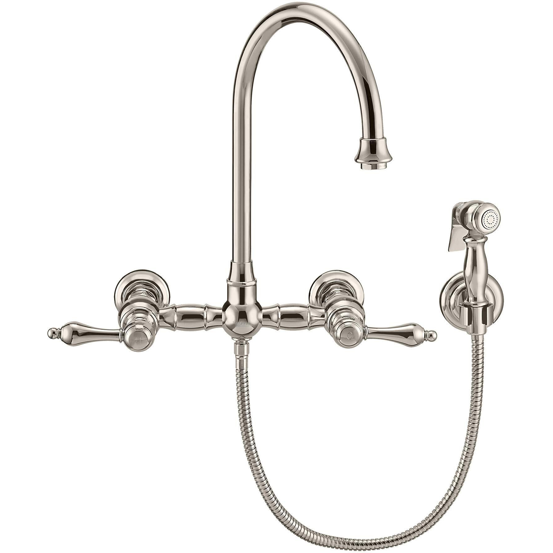 Vintage III Plus Wall Mount Faucet with a  Long Gooseneck Swivel Spout, Lever Handles and Solid Brass Side Spray