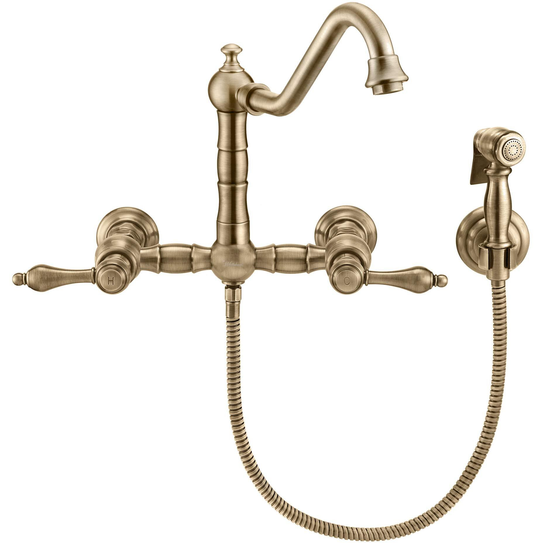 Vintage III Plus Wall Mount Faucet with a  Long Traditional Swivel Spout, Lever Handles and Solid Brass Side Spray