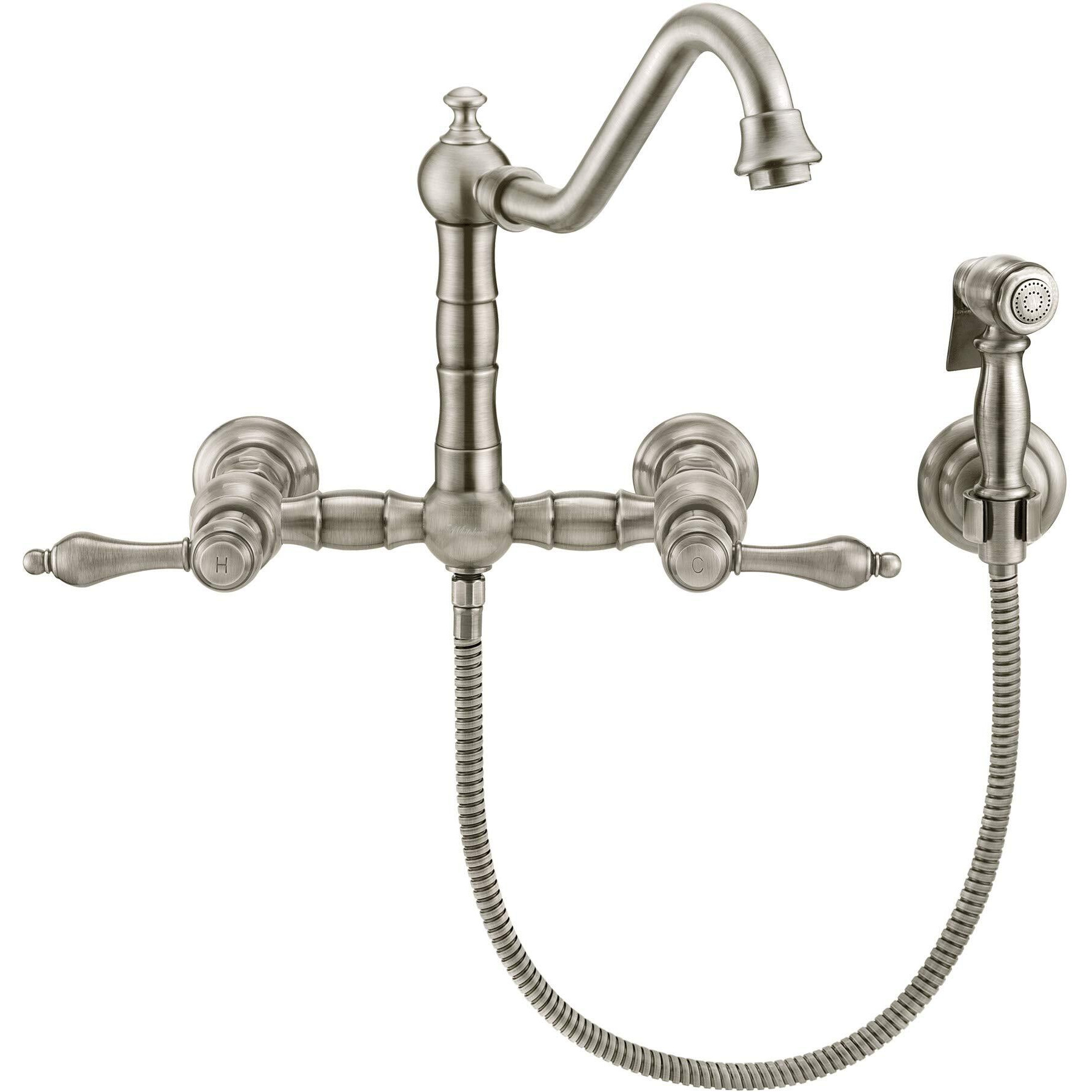 Vintage III Plus Wall Mount Faucet with a  Long Traditional Swivel Spout, Lever Handles and Solid Brass Side Spray