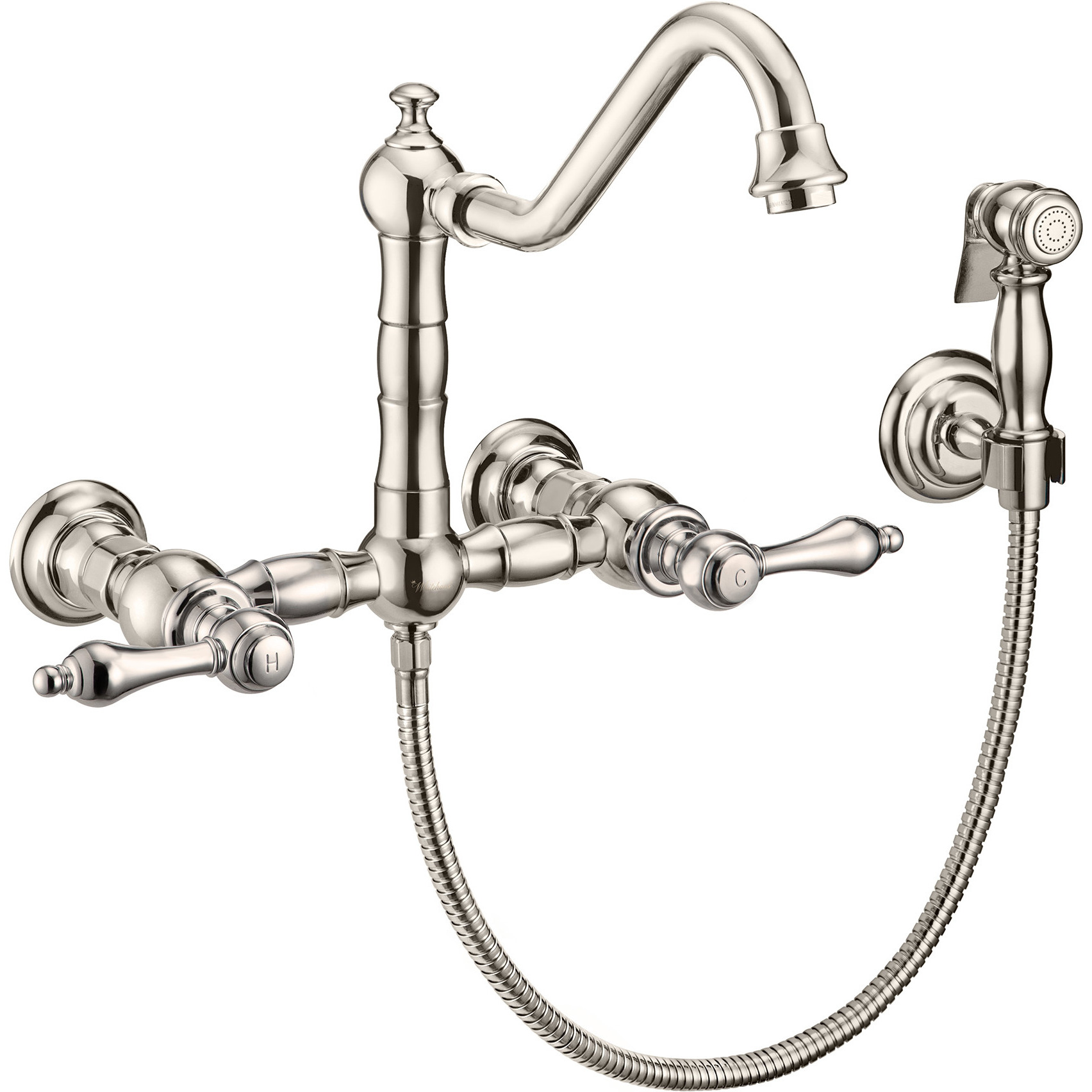 Vintage III Plus Wall Mount Faucet with a  Long Traditional Swivel Spout, Lever Handles and Solid Brass Side Spray