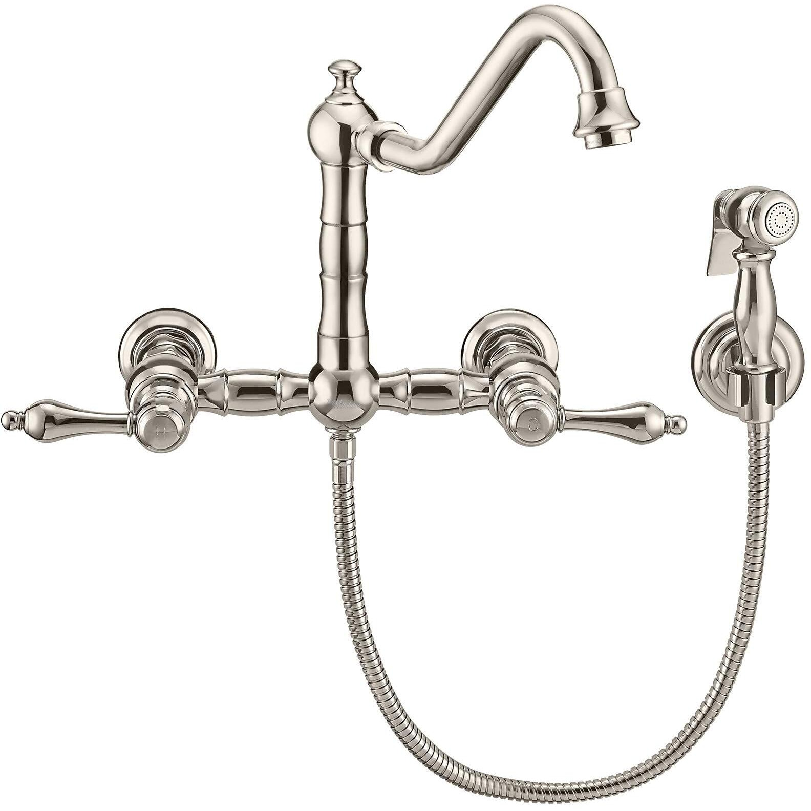 Vintage III Plus Wall Mount Faucet with a  Long Traditional Swivel Spout, Lever Handles and Solid Brass Side Spray