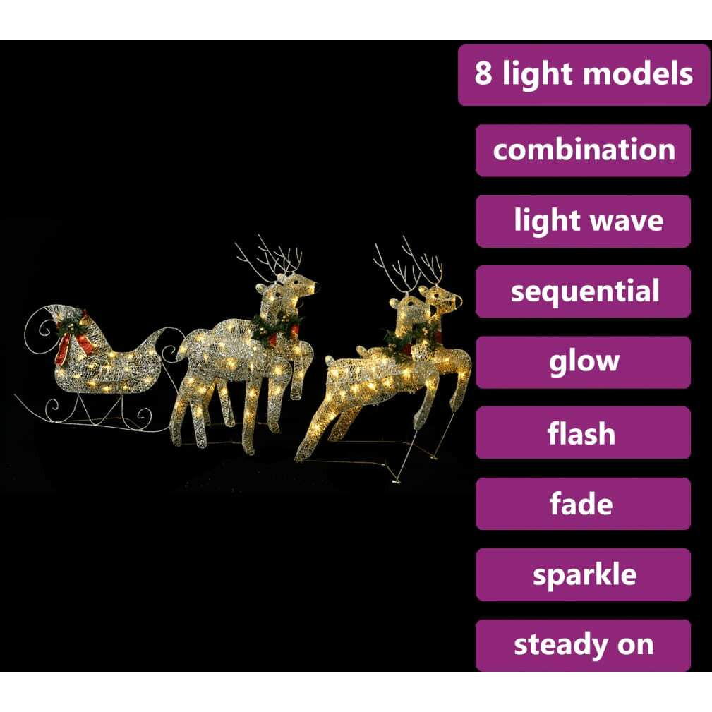 vidaXL Reindeer & Sleigh Christmas Decoration 100 LEDs Outdoor Gold