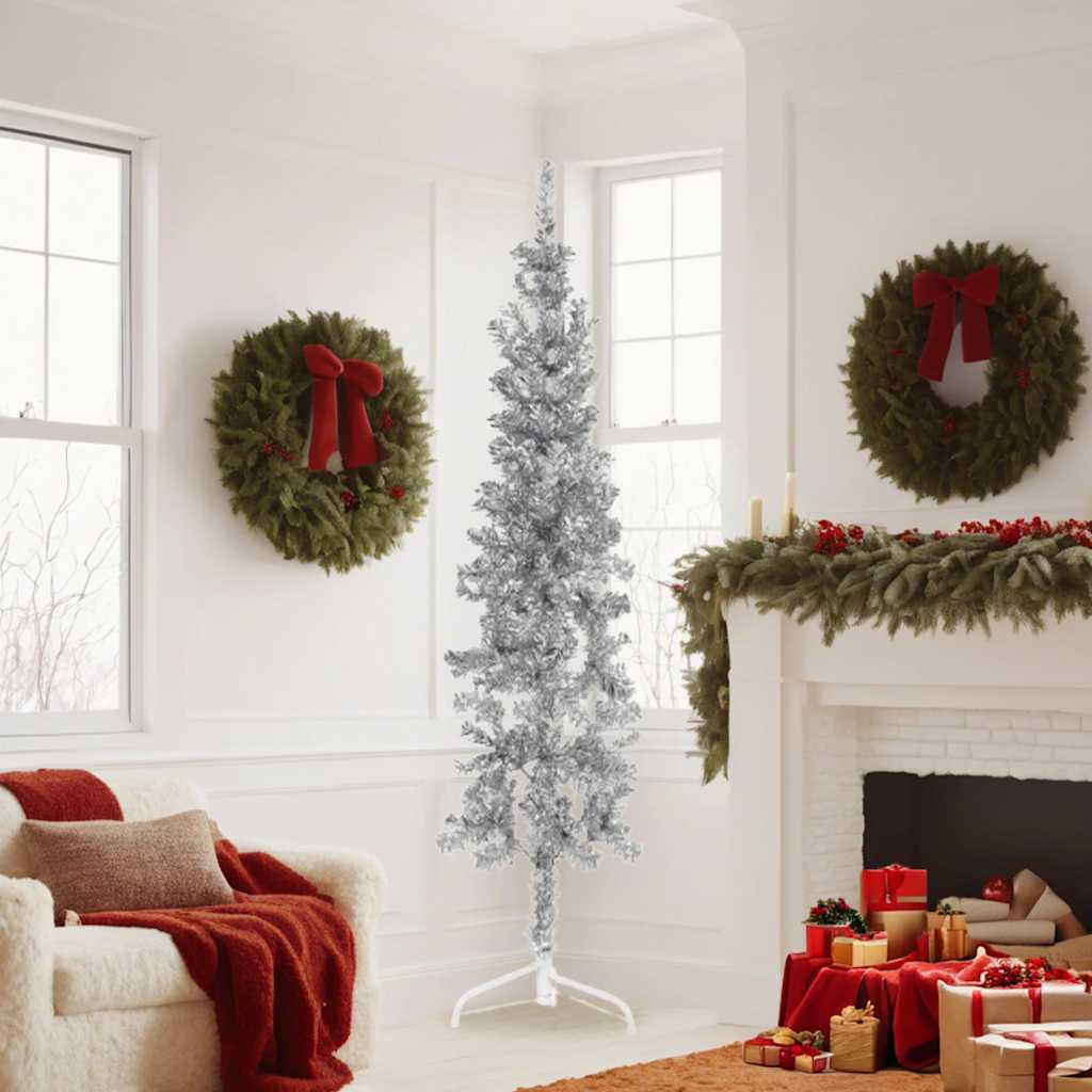 vidaXL Slim Artificial Half Christmas Tree with Stand Silver 6 ft