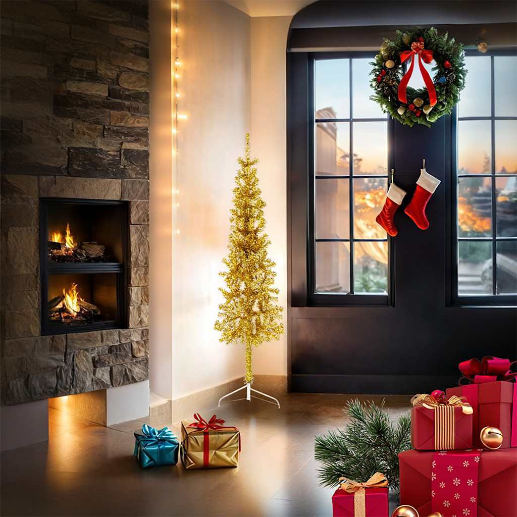 vidaXL Slim Artificial Half Christmas Tree with Stand Gold 5 ft