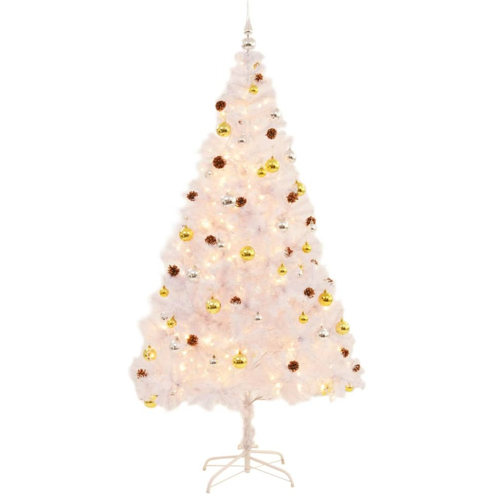 vidaXL Artificial Christmas Tree with Baubles and LEDs White 7 ft