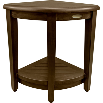 Curvilinear Dark Brown Teak 18" Corner Shower Bench With Shelf