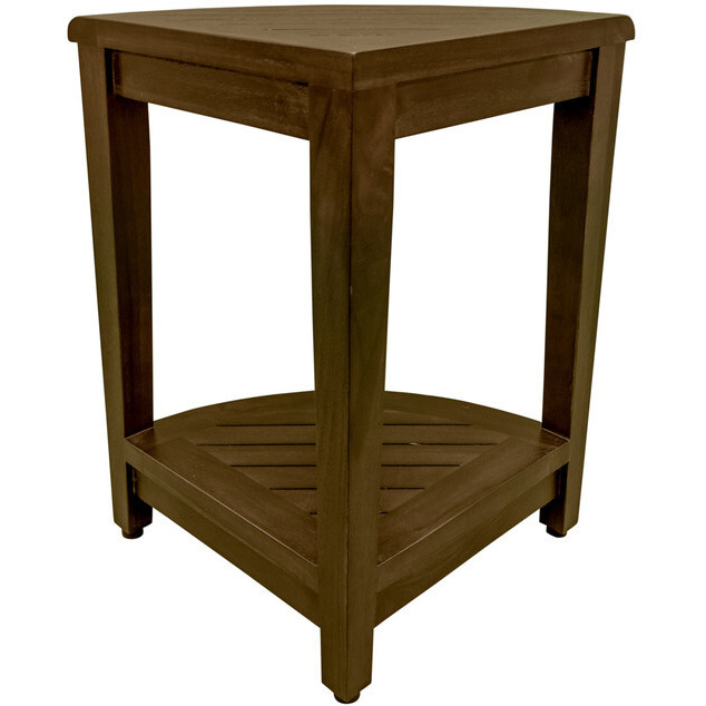 Curvilinear Dark Brown Teak 18" Corner Shower Bench With Shelf