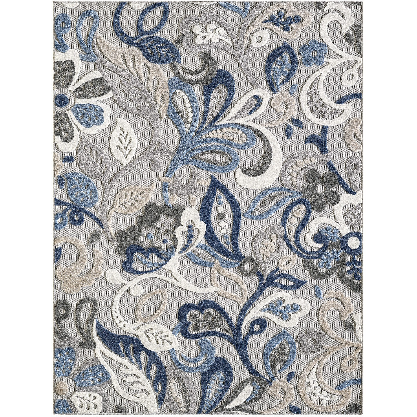 5 x 7 Blue Gray Jacobean Floral Indoor Outdoor Area Rug