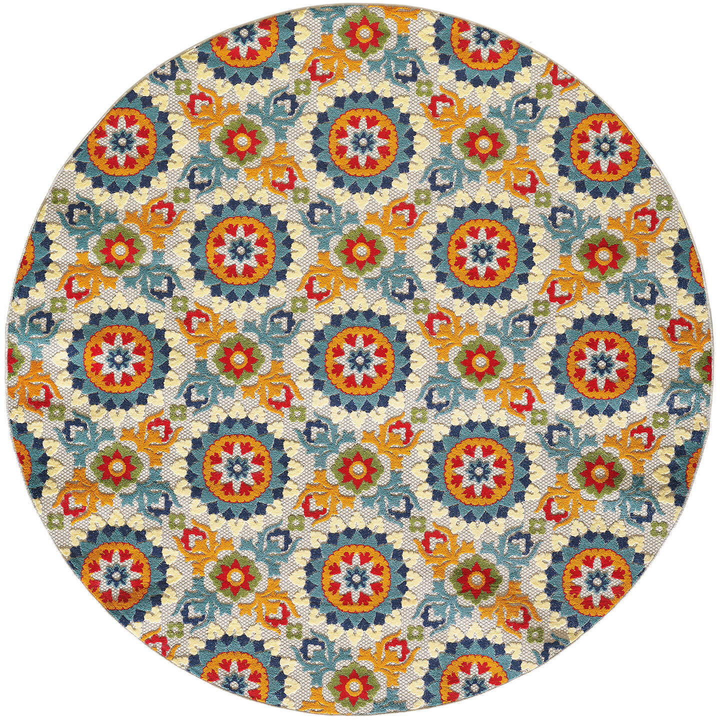 8 Round Orange Floral Lattice Indoor Outdoor Area Rug