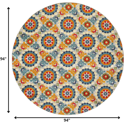8 Round Orange Floral Lattice Indoor Outdoor Area Rug