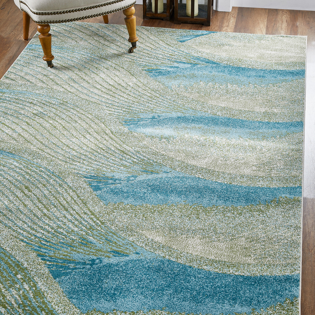 7 x 10 Blue Beige Abstract Waves Modern Area Rug